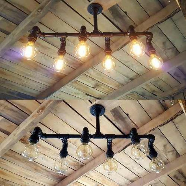 Water Pipe Retro Style Chandelier with Six Lampholders Carbon Steel Flange