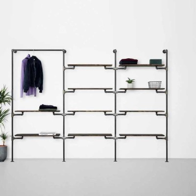 Elbise Askı ve Rafı Butik Mağaza Konfeksiyonlar İçin On Raflı Gardrop Duvar Tipi Su Borusu Retro Tarz